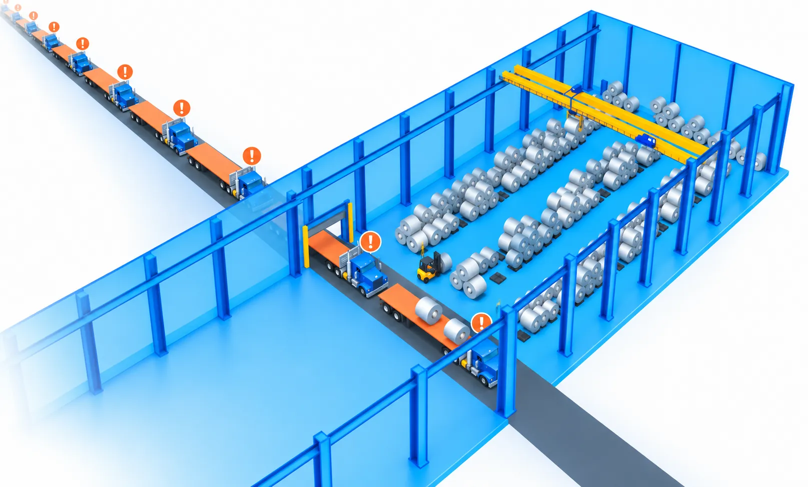 Isometric facility view with bottleneck warnings and idle assets