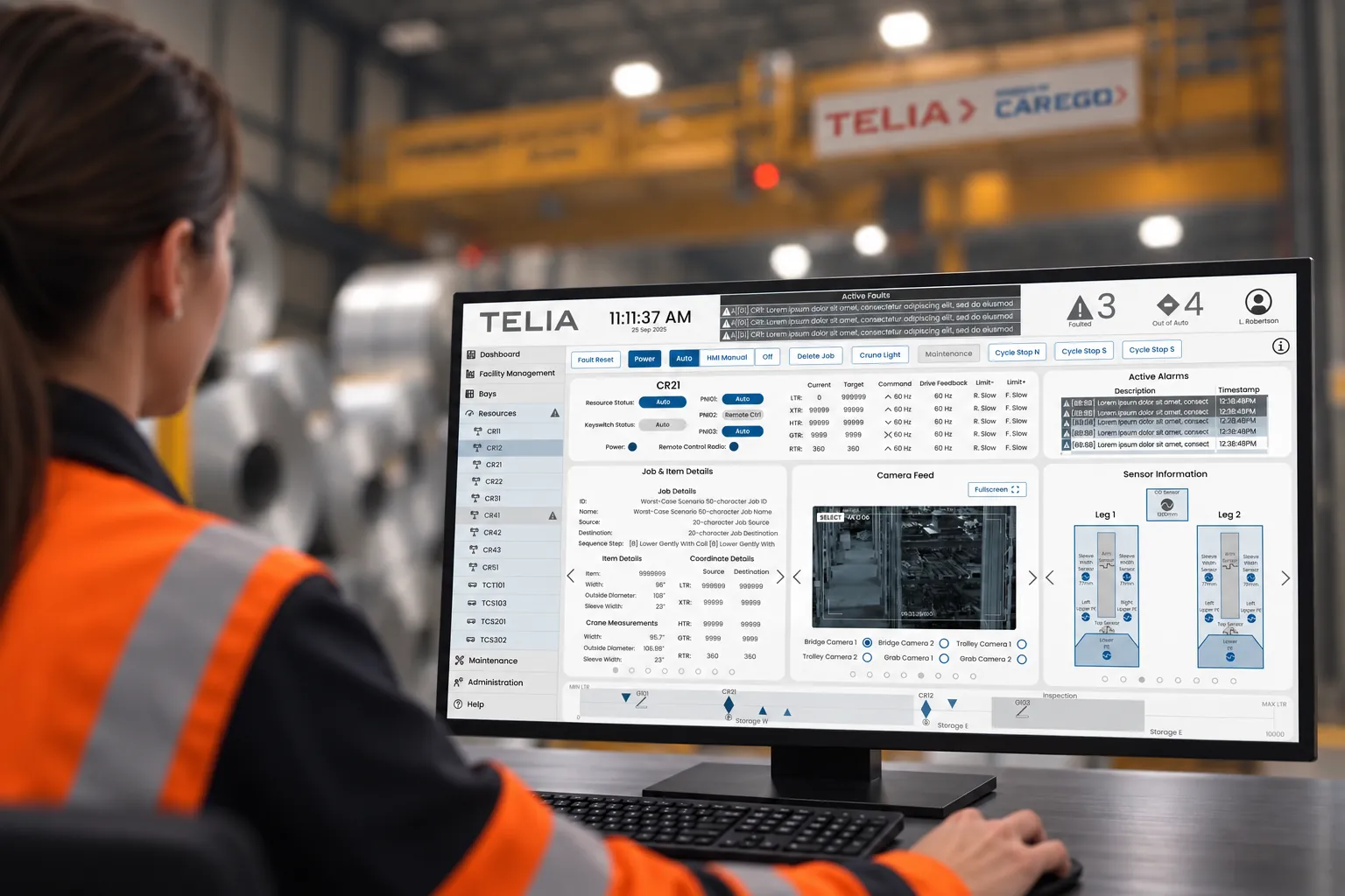 Operator monitoring the TELIA interface with crane status, alarms and camera feeds