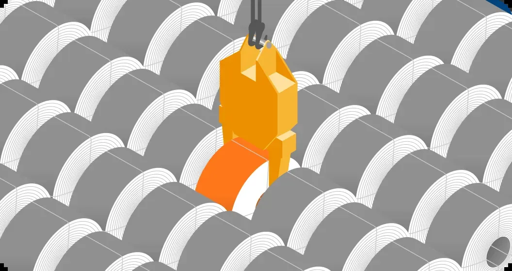 Crane lifter placing a coil precisely into a tightly packed coil field
