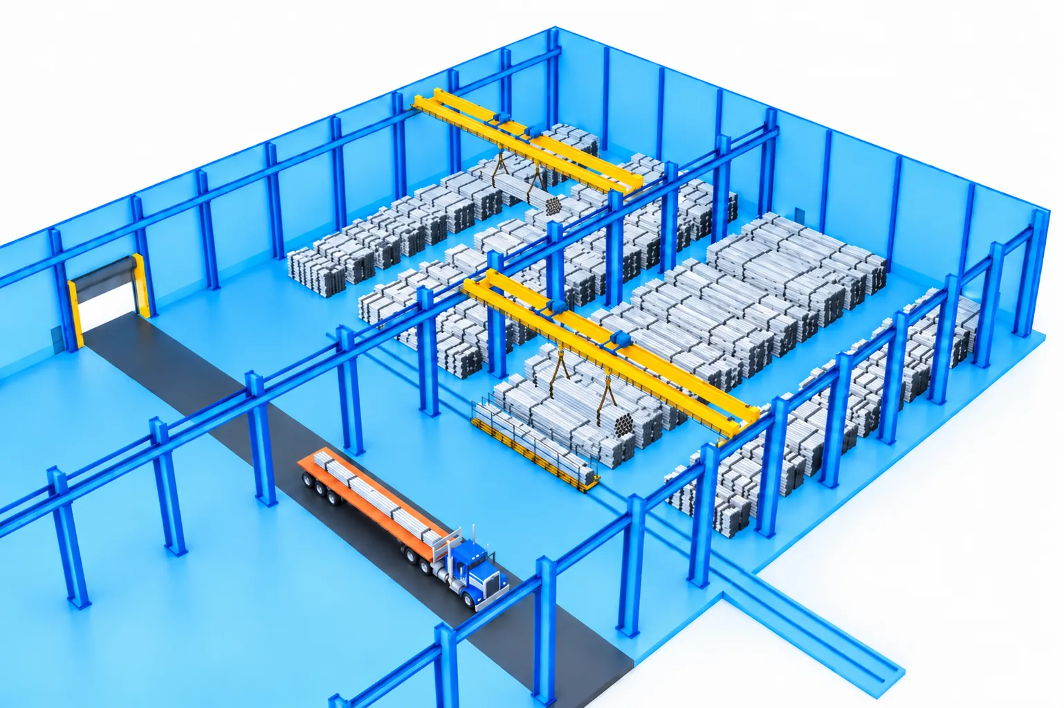 Isometric view of a congested pipe yard with crossing travel paths and warning markers
