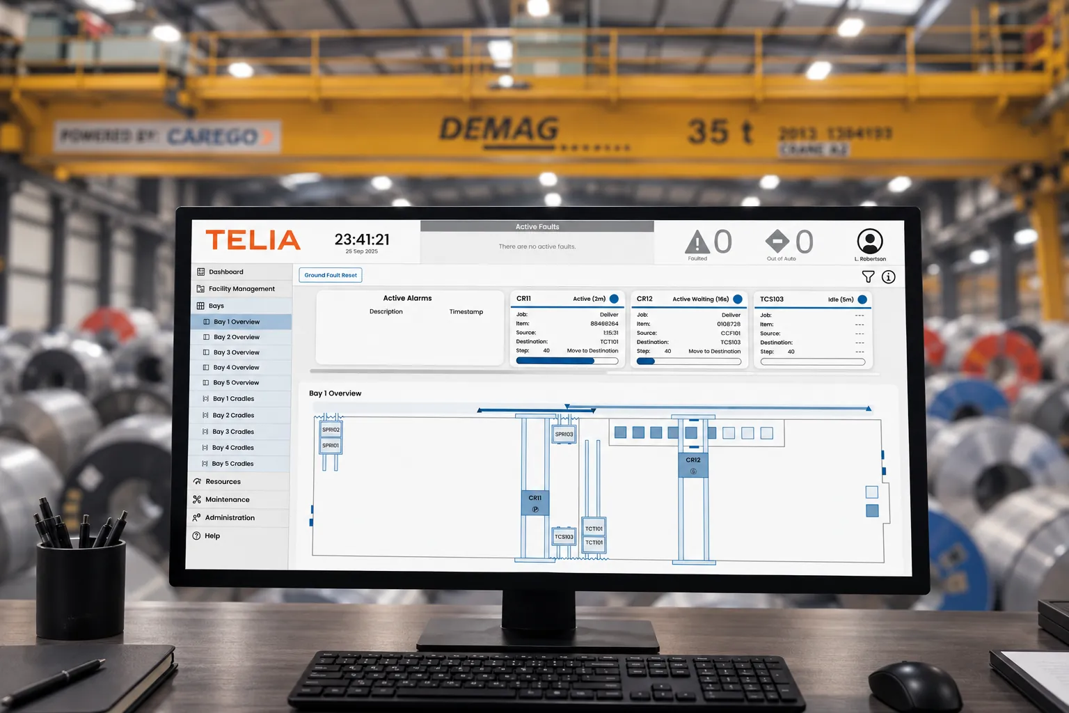 TELIA facility live view showing crane tasks and material positions