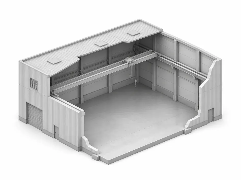 Blue toned isometric architectural rendering of an empty warehouse