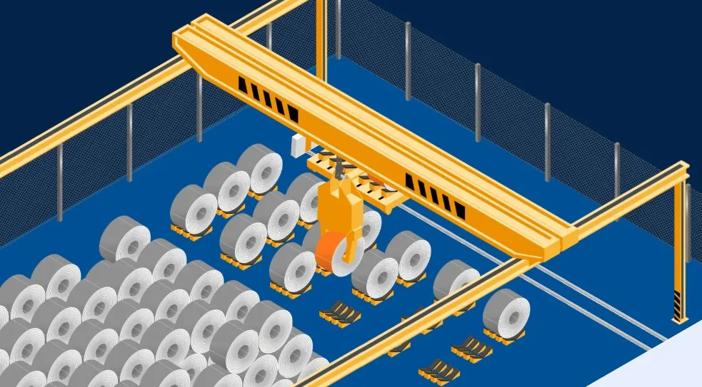 CareGo isometric illustration of an overhead crane moving material through the facility