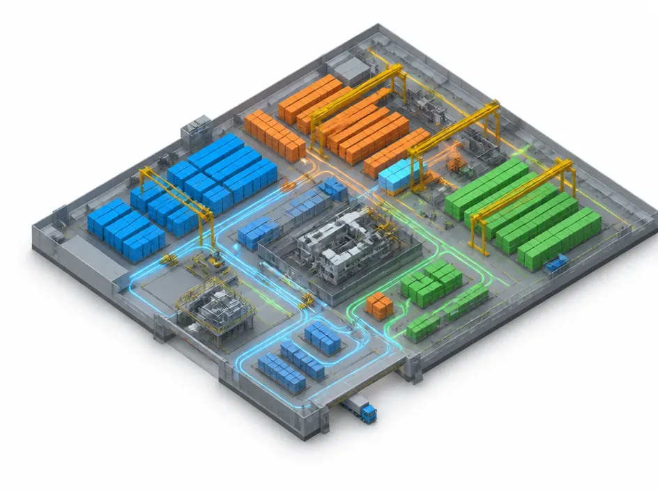 Blue toned isometric digital twin model showing material, equipment and flow