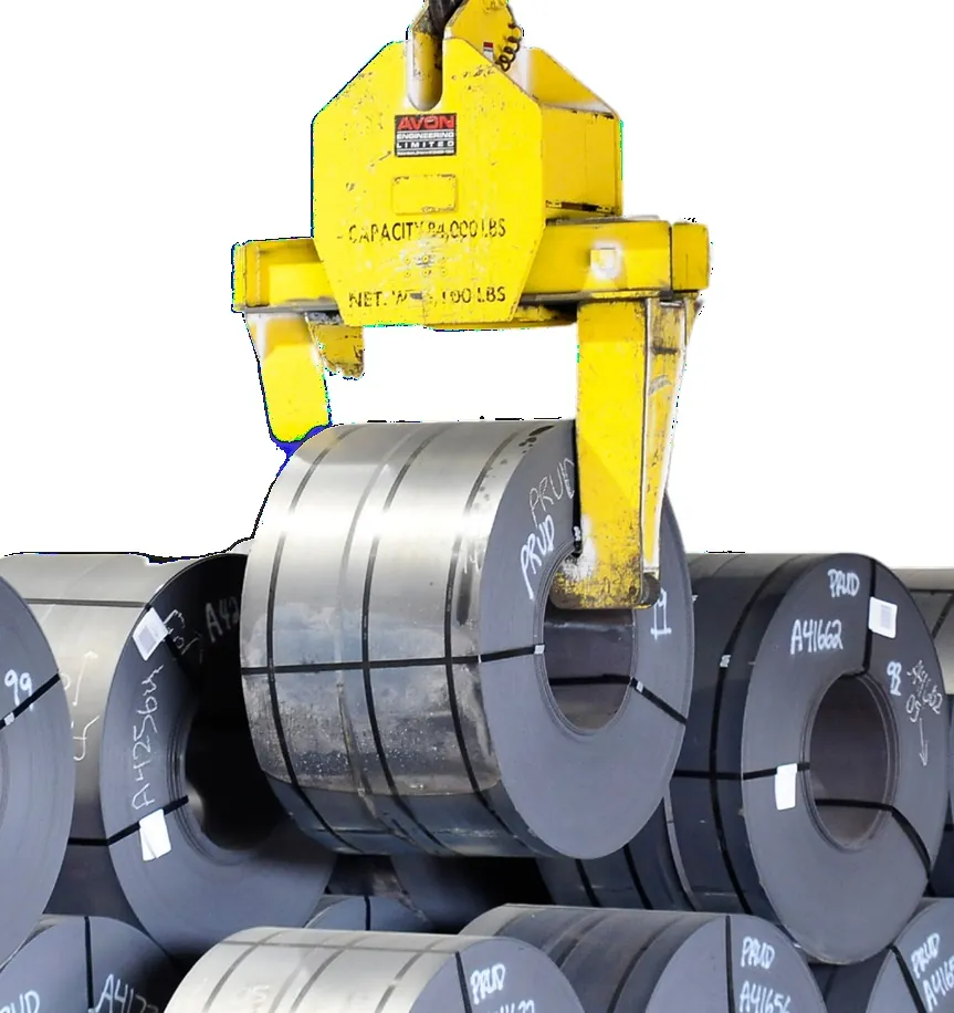 Fixed-foot overhead crane grab lifting a steel coil