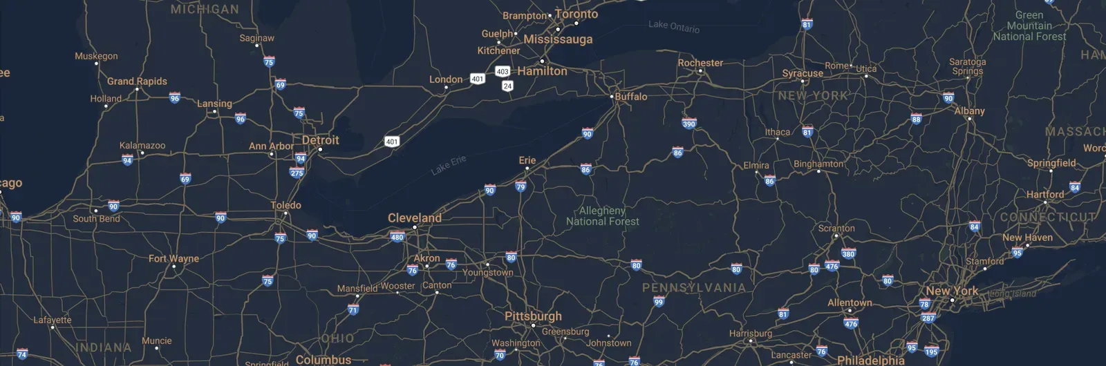 Map of the Great Lakes region showing CareGo offices in Burlington, Ontario and Zelienople, Pennsylvania