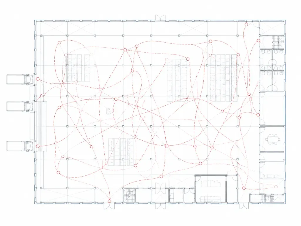 Floor plan with tangled material movement paths