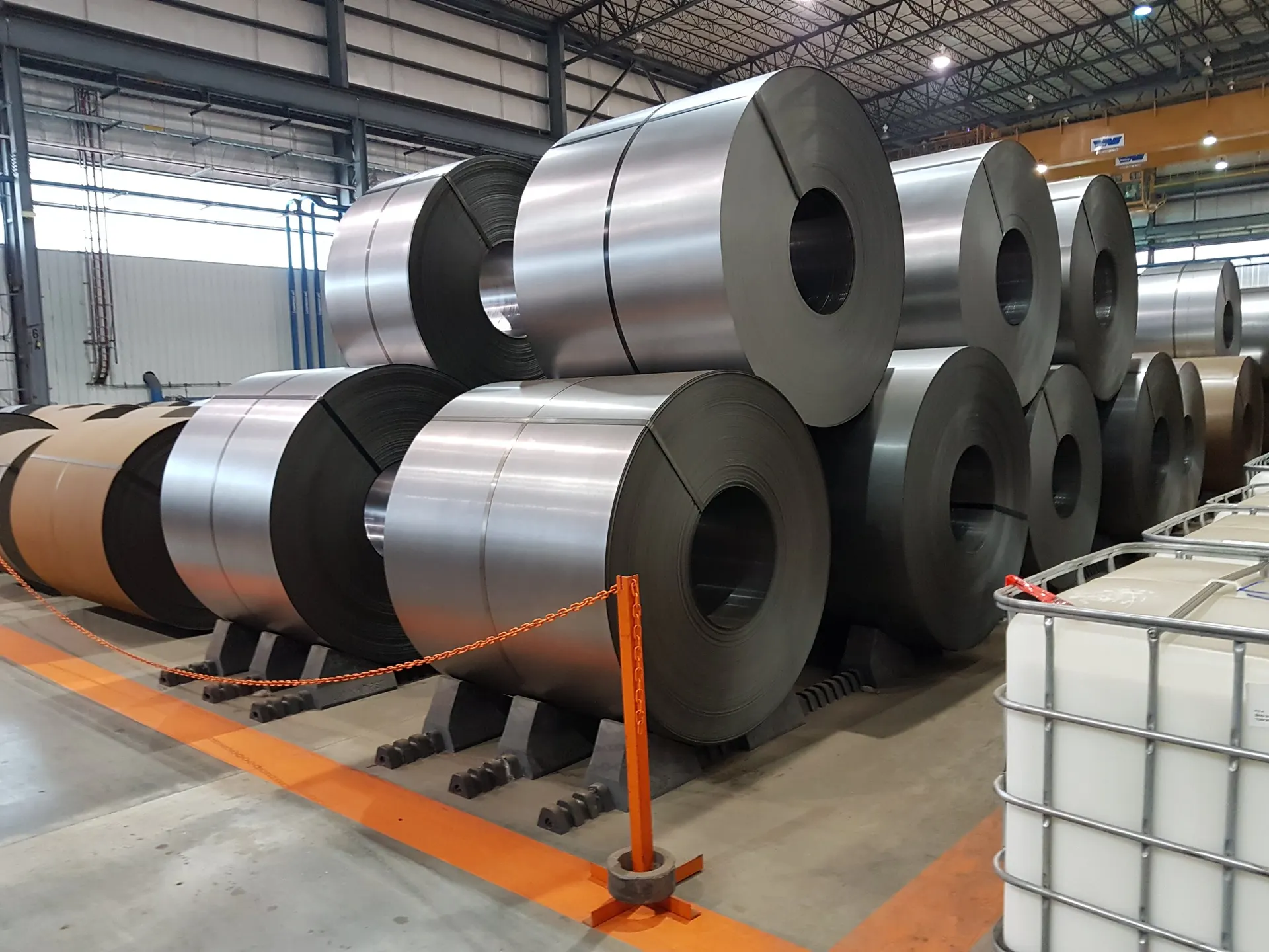 Steel coils moving through a Lankhorst coil handling system