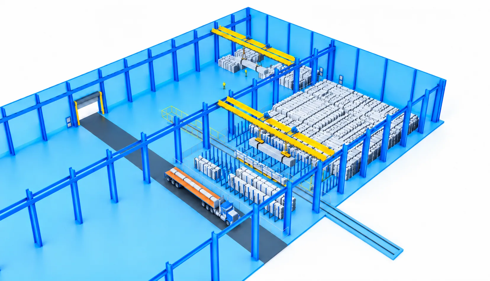 Isometric view of an organized pipe yard with clear flow lanes and automated cranes