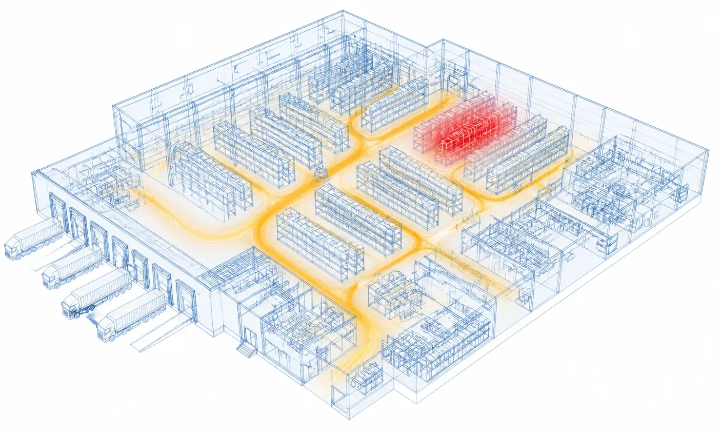 Isometric facility model showing flow intensity and a congestion zone